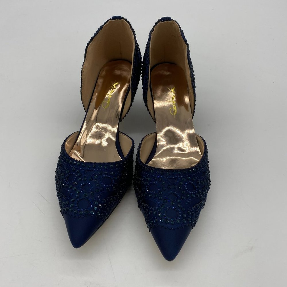 XYD blue rhinestone pointy toe kitten low heels slippers pumps shoes - Picture 2 of 8